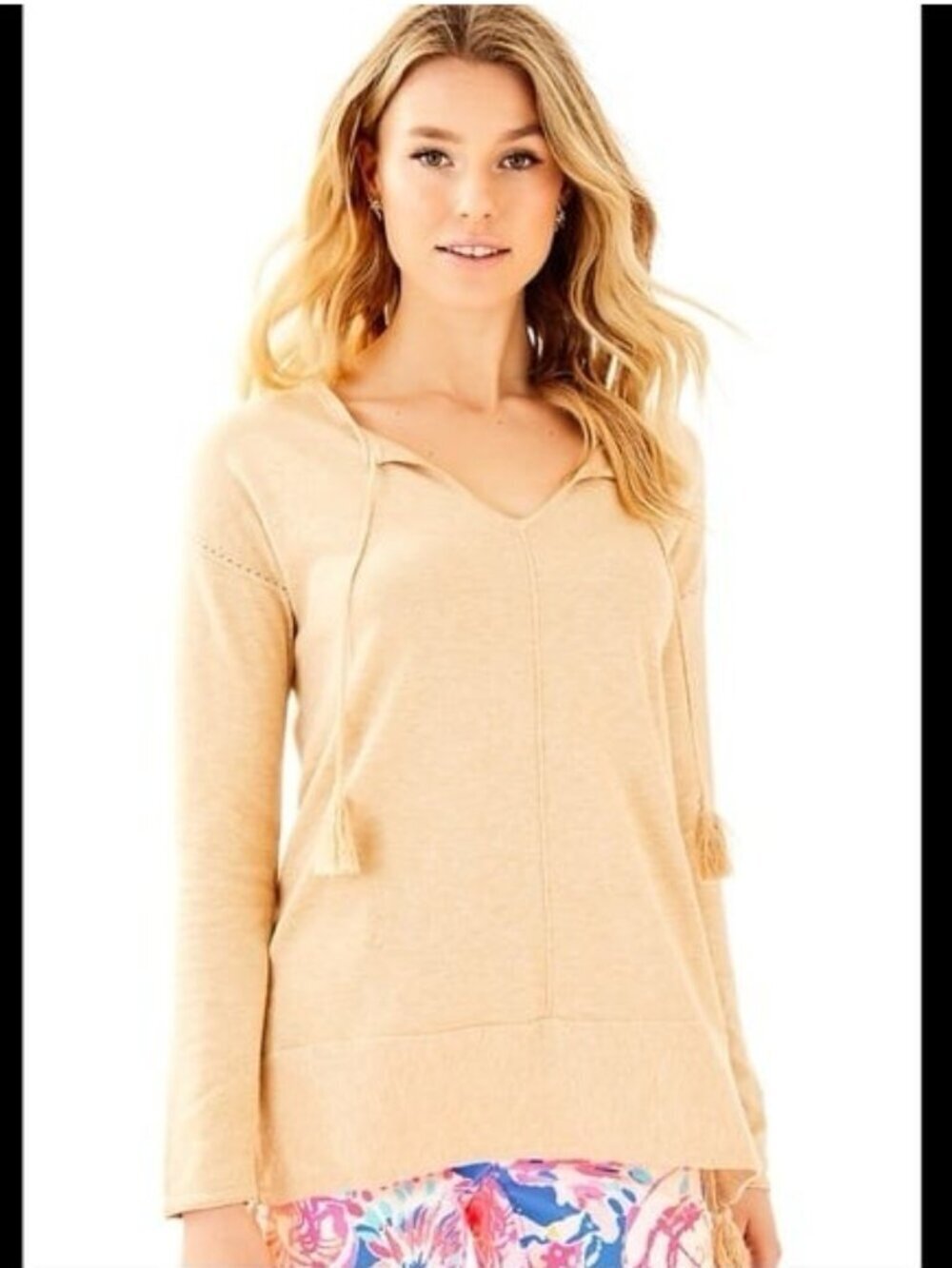 Lilly Pulitzer tasseled tunic sweater in a beige camel heather color